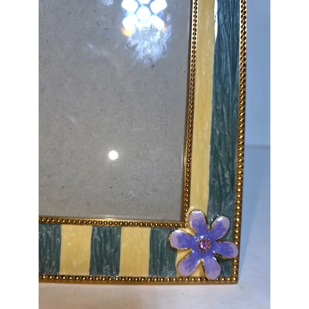 Vtg RUSS Enamel Flower and Rhinestone Hold Tone Picture Frame 4''x6''